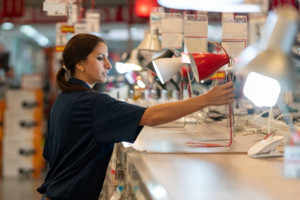 Saleswoman working at a home improvement store organizing some lamps Happy saleswoman working at a home improvement store organizing some l