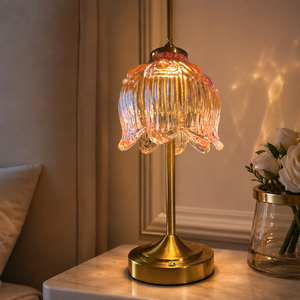 Pink Lotus Glass Rechargeable Cordless Table Lamp