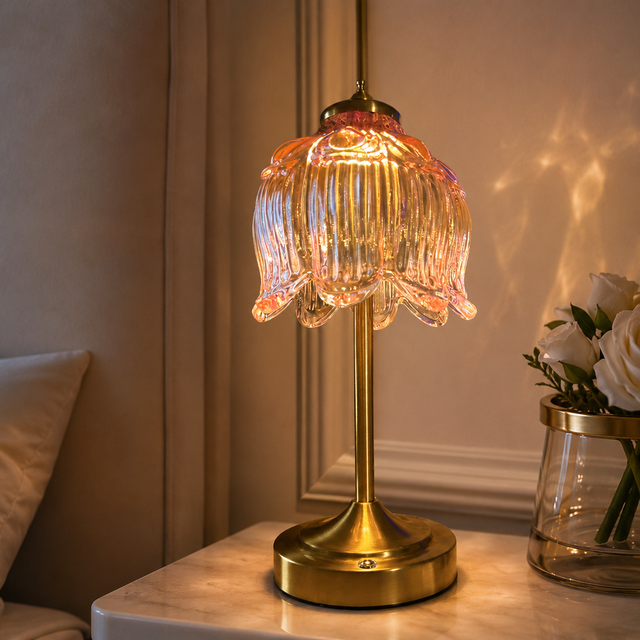 Pink Lotus Glass Rechargeable Cordless Table Lamp
