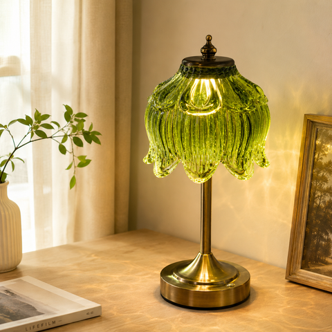 Vintage Green Lotus Glass Rechargeable Table Lamp
