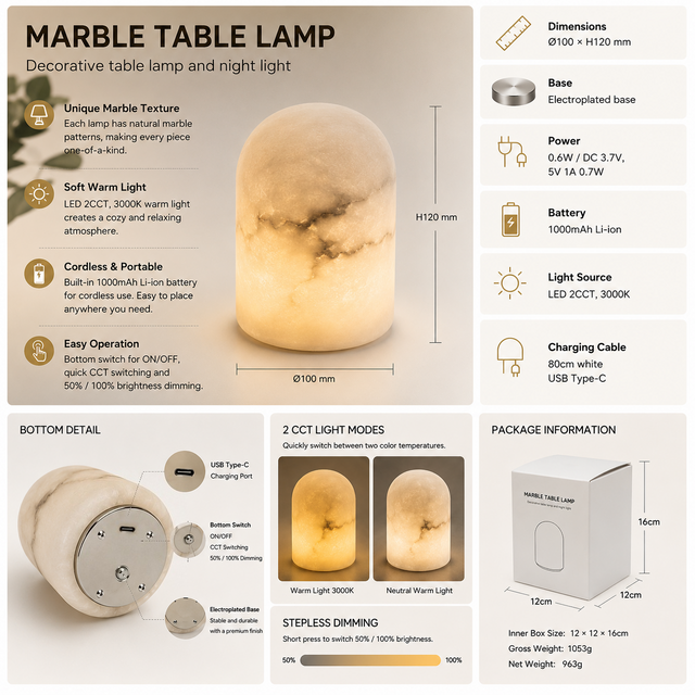 Rechargeable Natural Marble Bedside Ambient Lamp