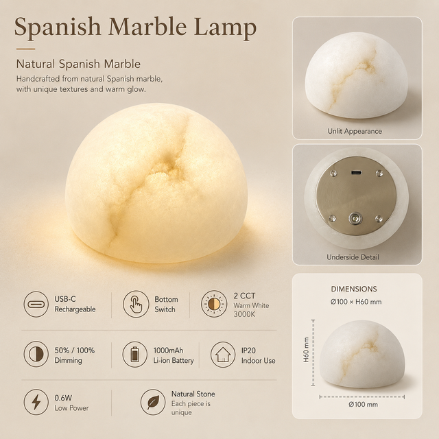 Spanish Marble Rechargeable Cordless Table Lamp