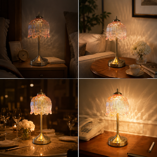 Pink Lotus Glass Rechargeable Cordless Table Lamp