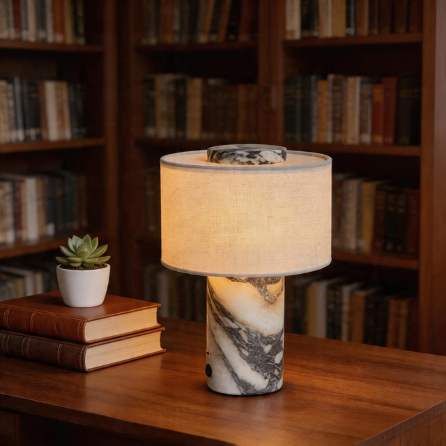 Rechargeable Marble Cordless Table Lamp Linen Shade