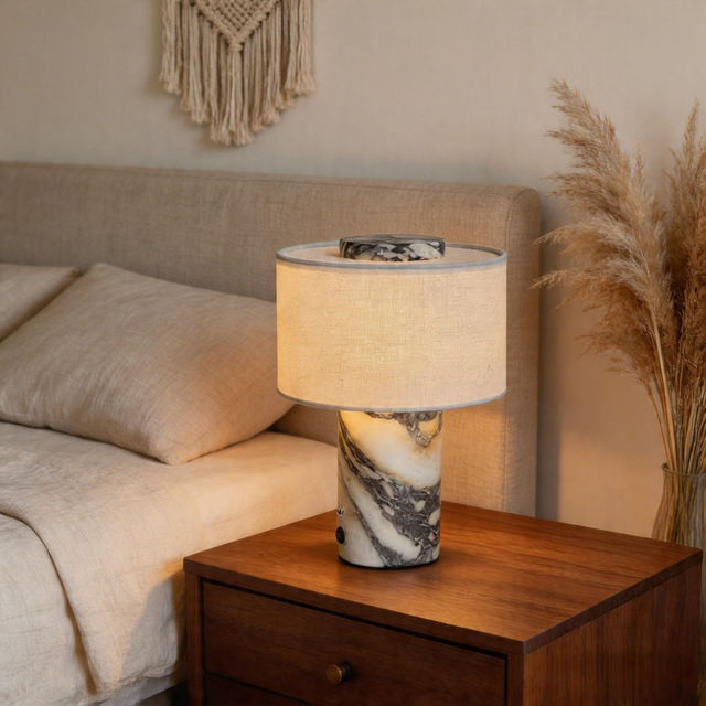 Rechargeable Marble Cordless Table Lamp Linen Shade
