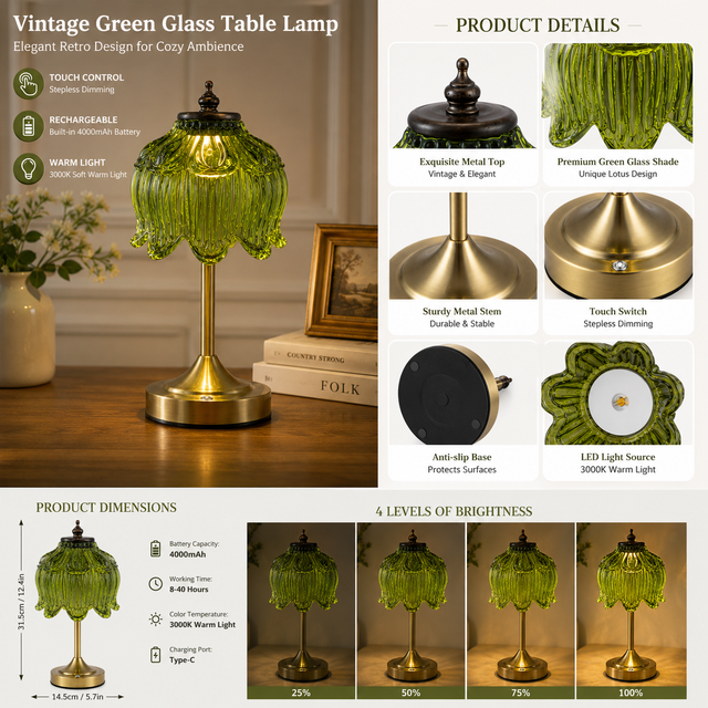 Vintage Green Lotus Glass Rechargeable Table Lamp